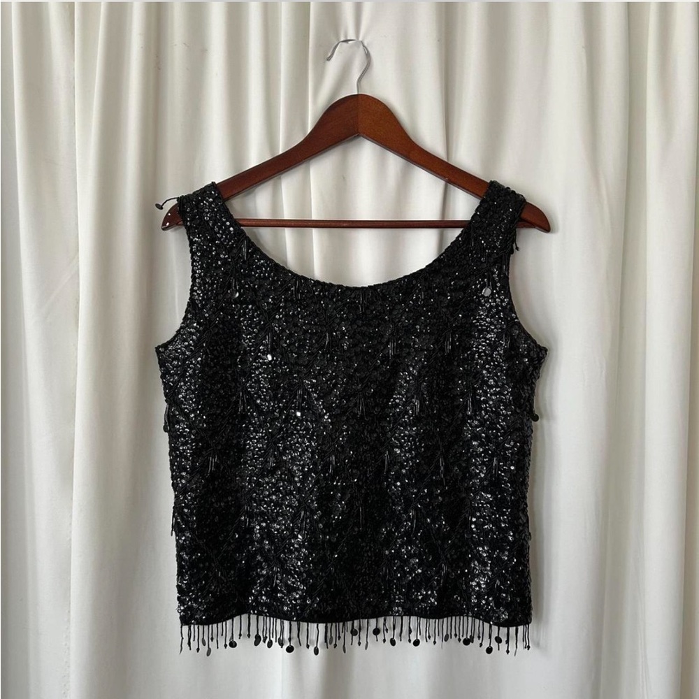 Vintage 1960s Black sequin tank top with beaded fringe glam 100% Wool Medium. - Picture 2 of 8
